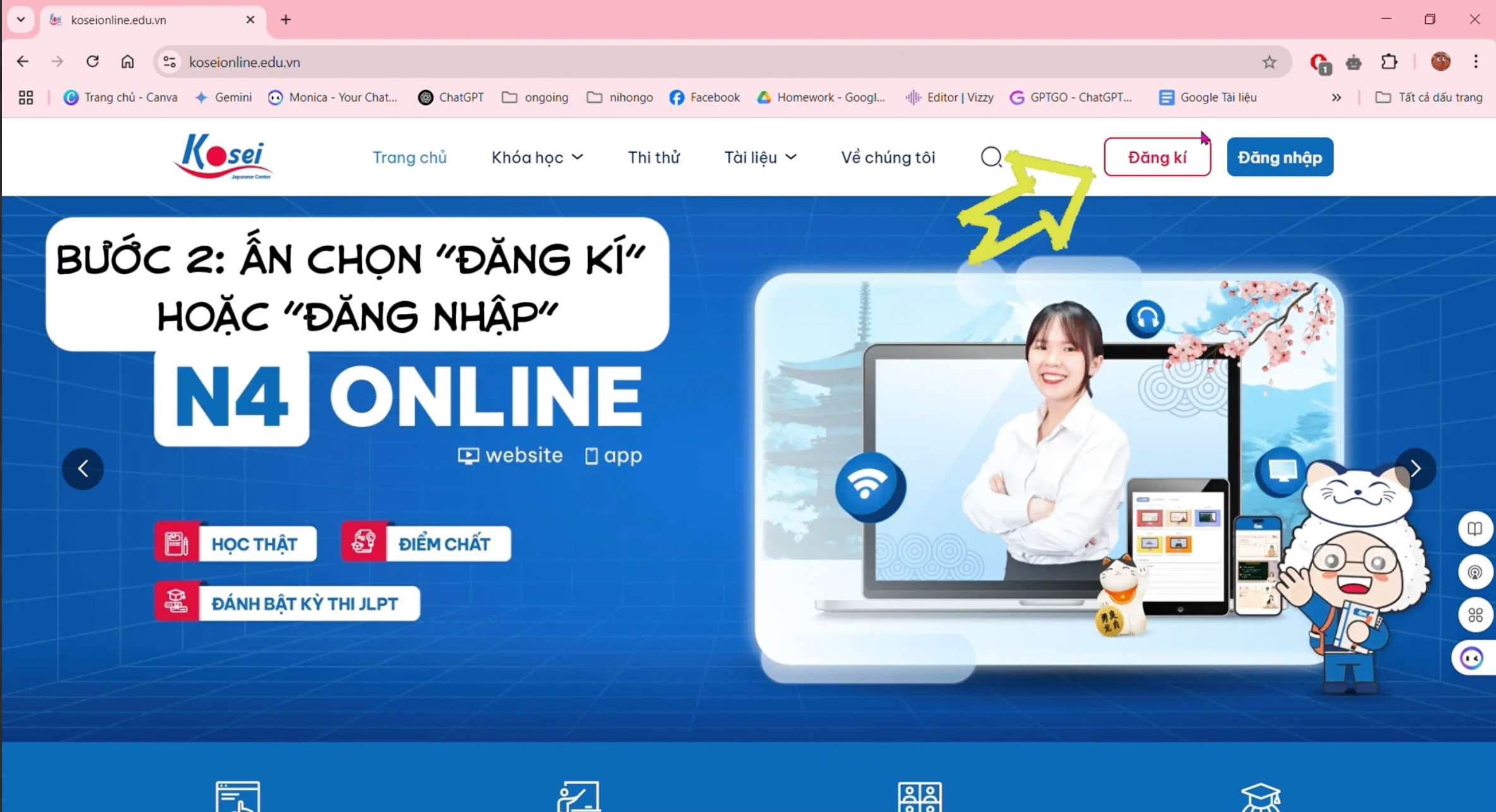 Chọn đăng ký/đăng nhập ở bên góc phải thanh Menu của website koseionline.edu.vn